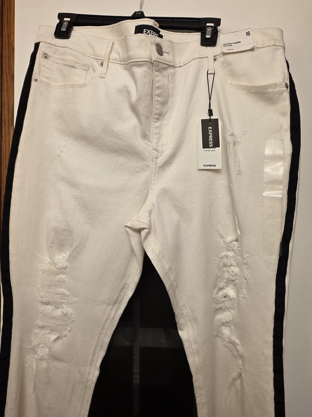 Express White Distressed Jeans with Black Side Stripe